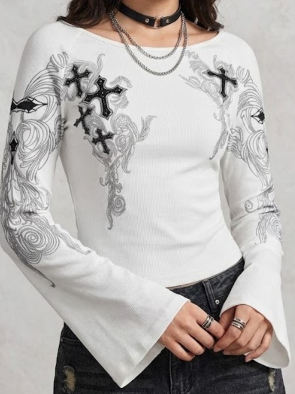 Women's White Long-Sleeve Ribbed Top with Black Cross Accent